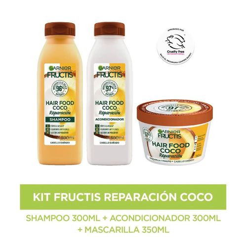 Combo hair food reparación coco: shampoo, acondicionador y mascarilla