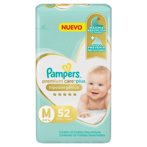 Pañales premium care plus hipoalergénico piel delicada talle M (52 Unidade)