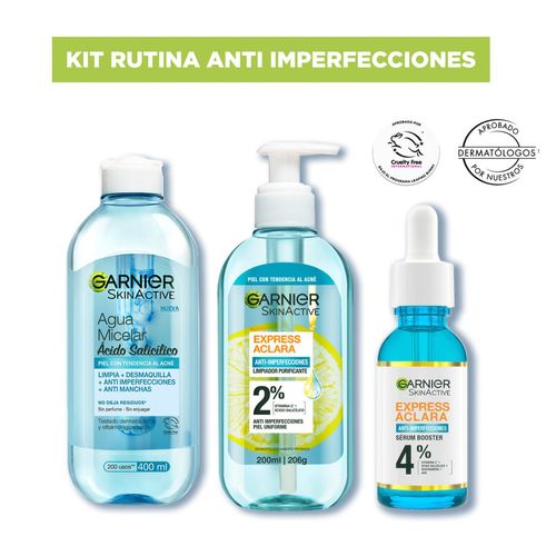 Combo rutina anti-imperfecciones con ácido salicílico: agua micelar, gel de limpieza y serum