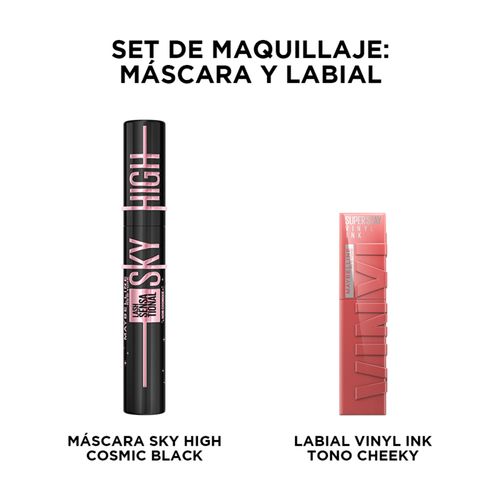 Combo de Maquillaje: mascara de pestañas sky high cosmic black + labial vinyl ink cheeky