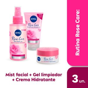 Combo rose care: crema facial hidratante en gel 50 ml + mist facial refrescante en spray + gel limpiador