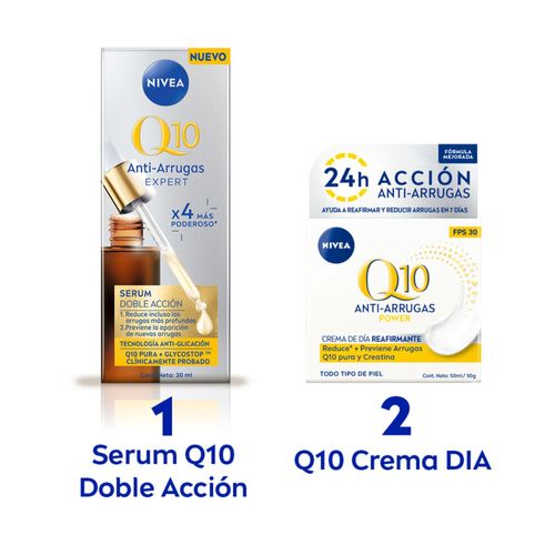 Combo q10 sérum facial doble acción  30 ml + crema facial antiedad de día fps 30 50 ml