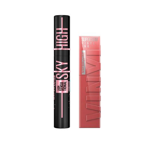 Combo de Maquillaje: mascara de pestañas sky high cosmic black + labial vinyl ink cheeky