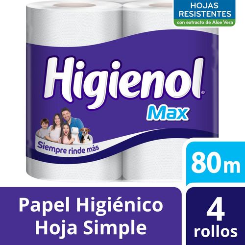 Papel higiénico max hoja simple 80 mts (4 unidades)